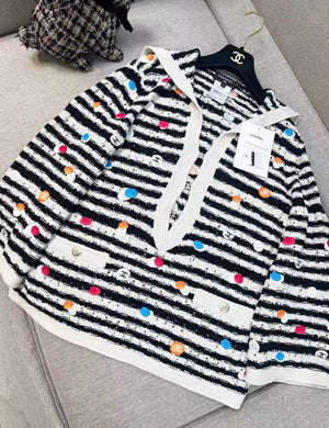 Chanel 24S black and white striped colorful polka dot navy collar knitted top