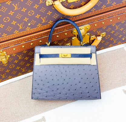 Hermes Kelly 25 Gris Agate/Bleu Iris HSS Ostrich Leather Gold Hardware