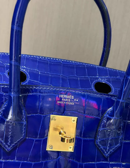 Hermes Birkin30 Electric Blue Shiny Crocodile Leather Gold Hardware