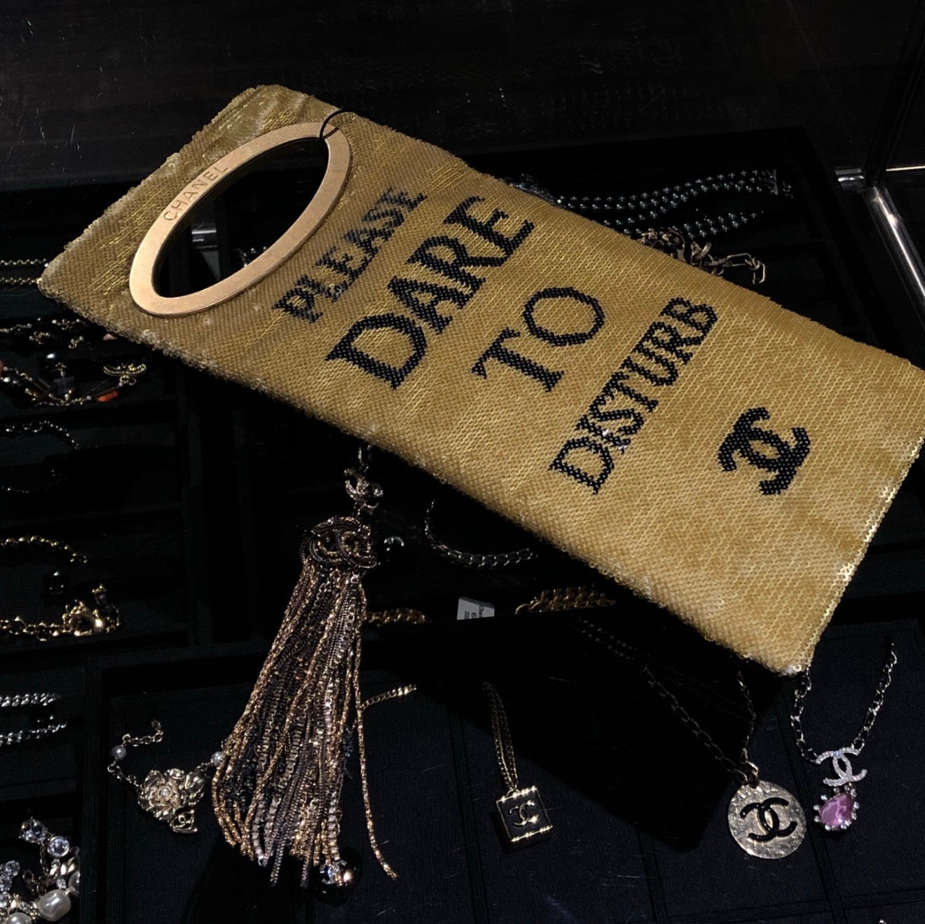Chanel 2017 Black and Gold Sequin Paris-Cosmopolite Do Not Disturb