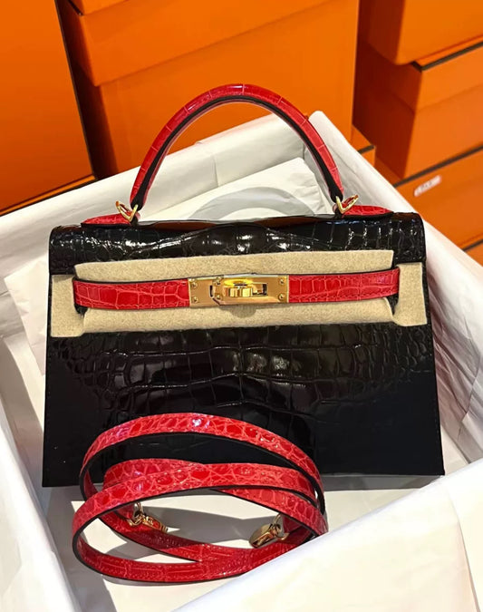Hermès Mini Kelly 20 Black & Red Shiny crocodile leather gold hardware