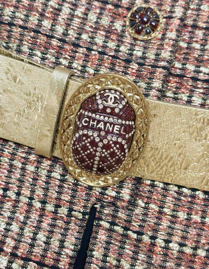 Chanel 19A Gold/Red/Black Tweed Jacket with Golden Beetle Belt