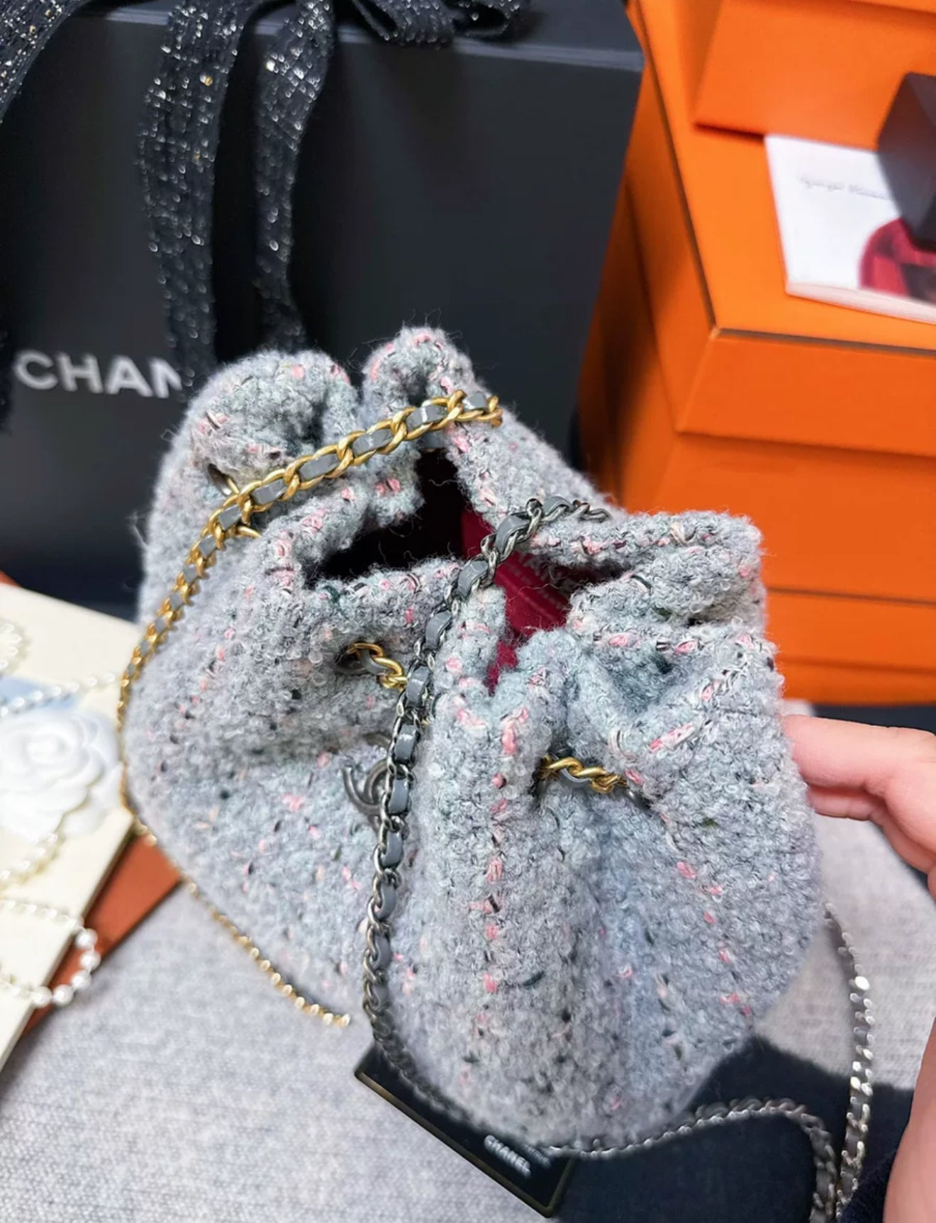 Chanel 17A Gray Multicolour tweed hobo backpack