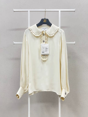 Chanel 18B off-white Peter Pan collar ruffled blouse