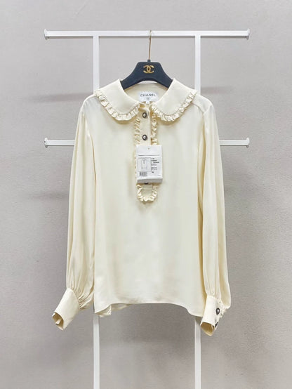 Chanel 18B off-white Peter Pan collar ruffled blouse