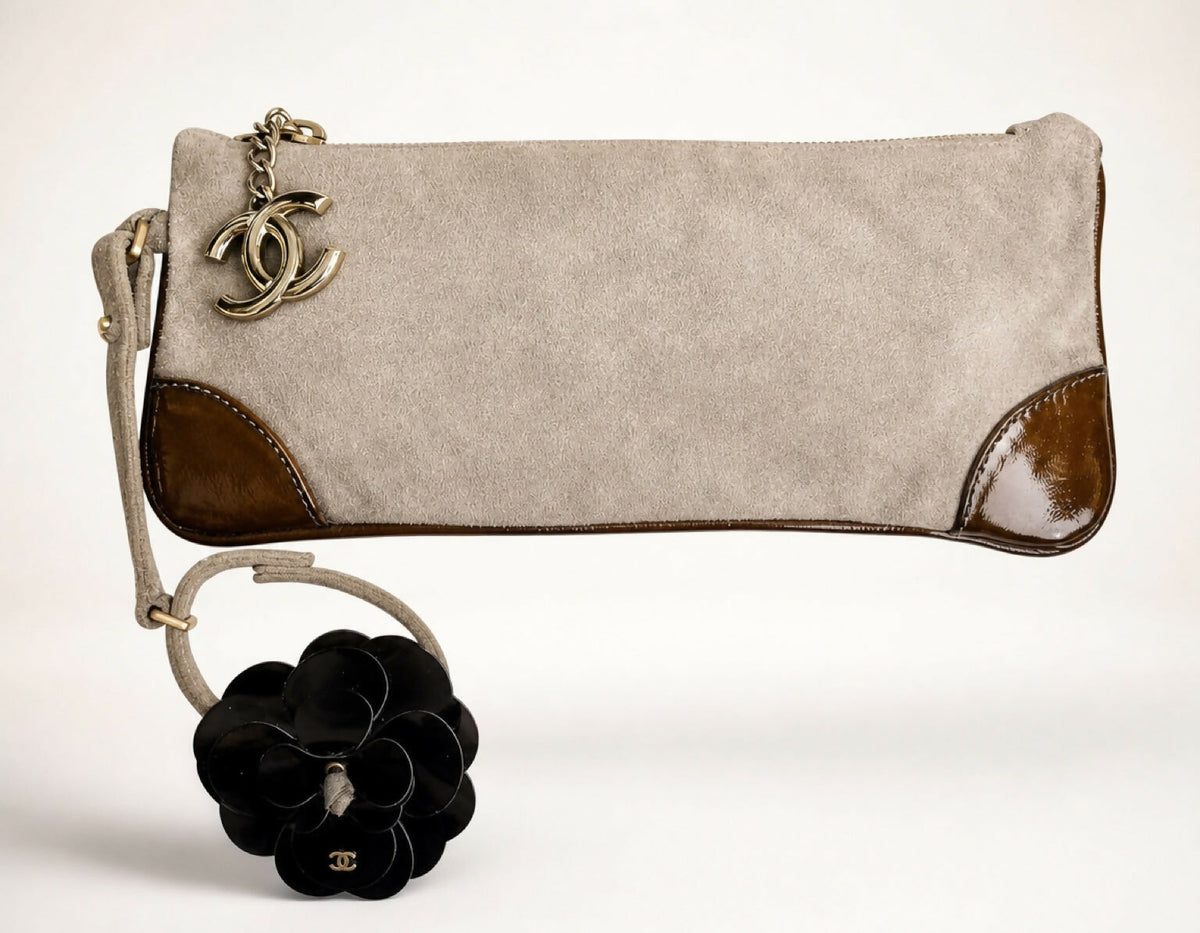 CHANEL TAUPE SUEDE LEATHER CAMELLIA BRACELET WRIST CLUTCH BAG
