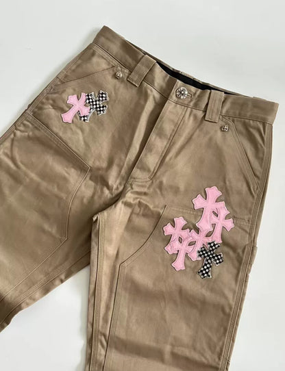 Chrome Hearts Tan Pink & Checkered Cross Patch Carpenter Pants