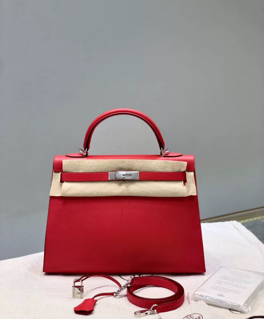 Hermès Kelly 32 Red Epsom Leather Palladium Hardware