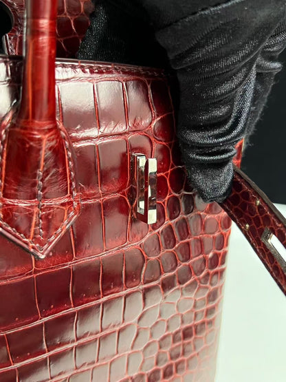Hermes Birkin 30 Bordeaux Shiny Crocodile Leather Palladium Hardware