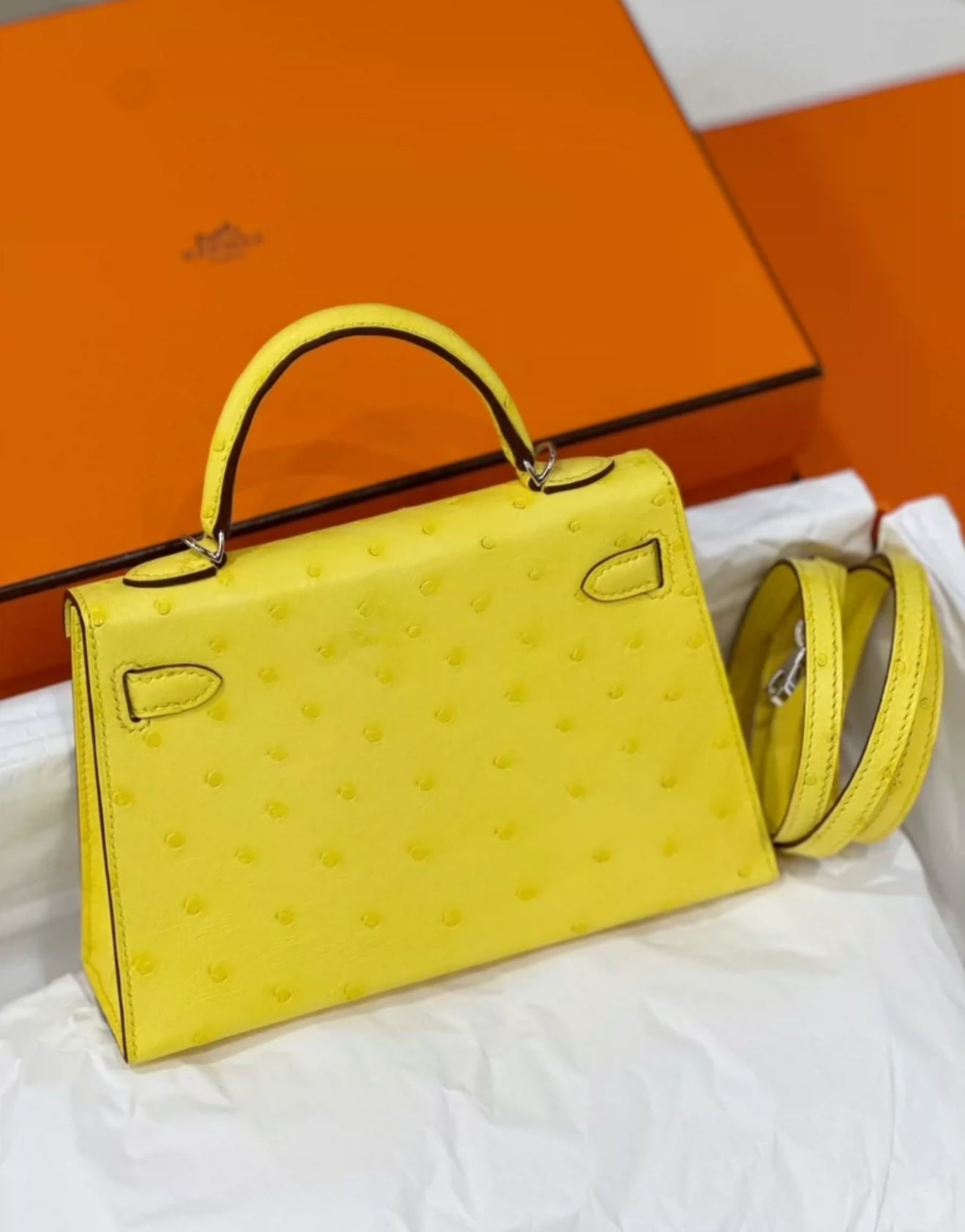 Hermès Mini Kelly Jaune Citron Ostrich leather Palladium Hardware