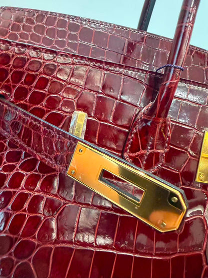 Rare Hermes Birkin 35 shiny Porosus Bordeaux Shiny Porosus Crocodile leather Gold hardware