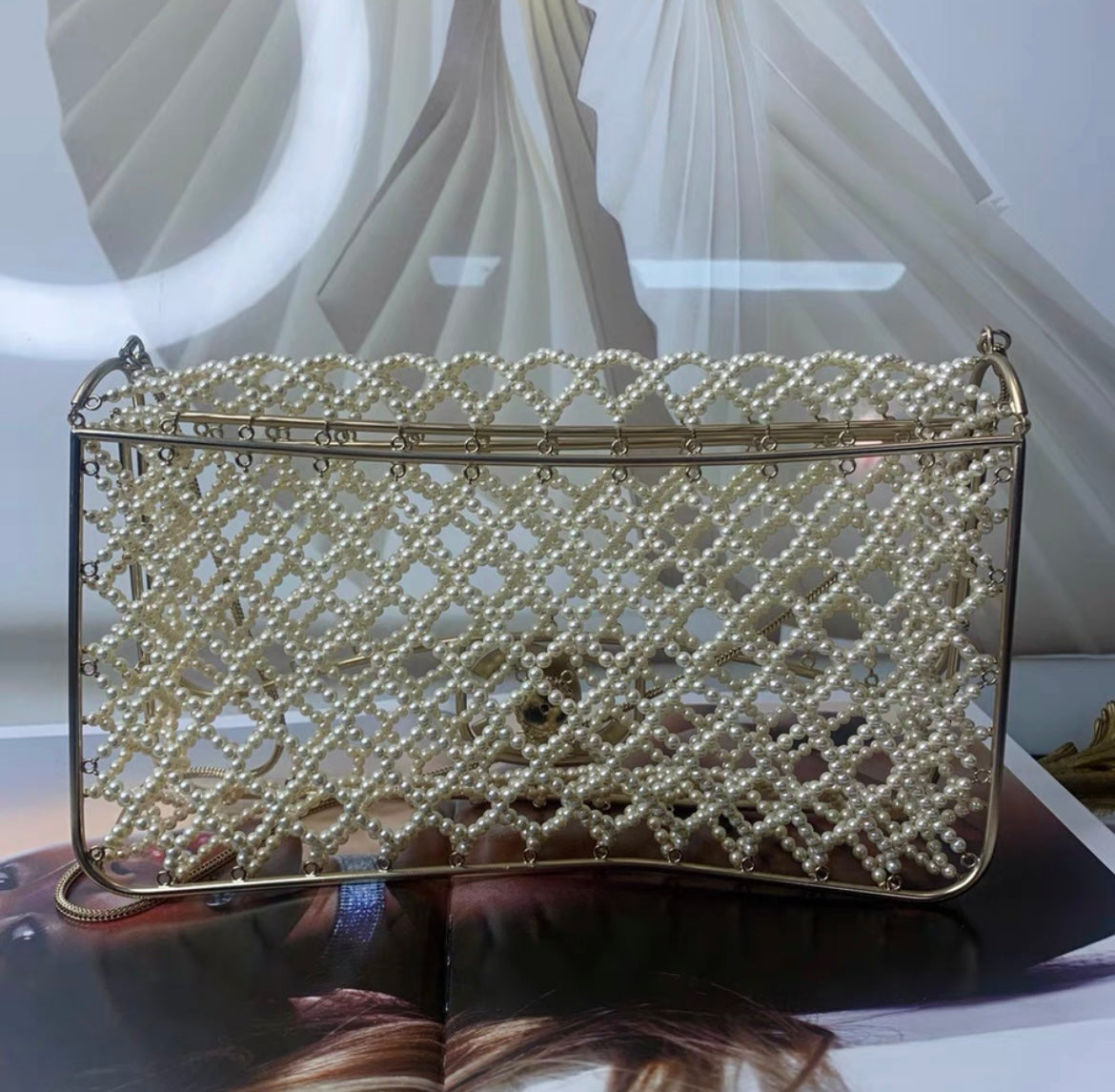 Rare Chanel Pearl Cage Classic Flap Bag Ivory Faux Pearls, Silk with Pale Gold-Tone Hardware