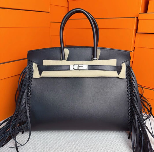Hermès Birkin 35 Sellier Anate Fringe Noir Evercolor Palladium Hardware