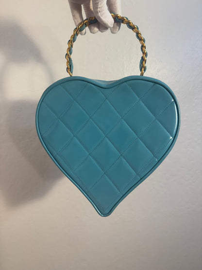 CHANEL 1995 TIFFANY BLUE / PINK PATENT LEATHER HEART VANITY BAG