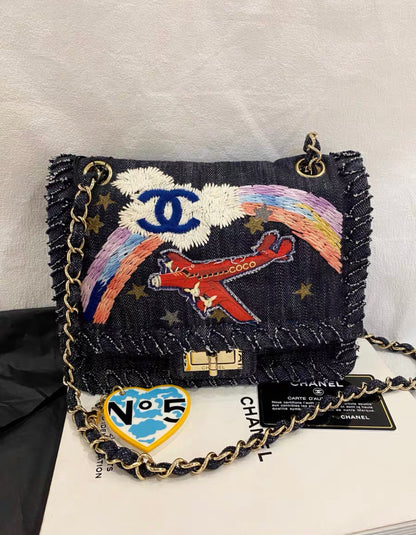 CHANEL 2006 VINTAGE NIGHT FLIGHT DENIM REISSUE AIRPLANE RAINBOW BAG 24K GHW