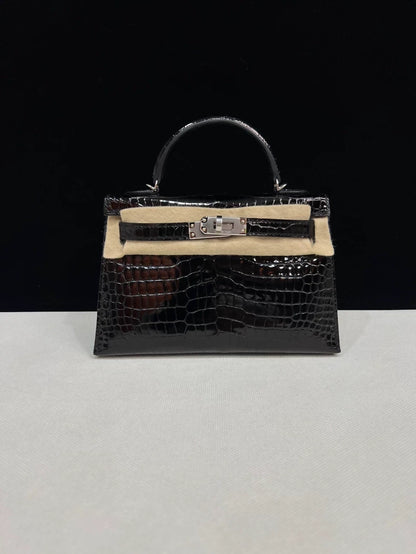 Hermes Mini Kelly 20 shiny crocodile leather palladium hardware