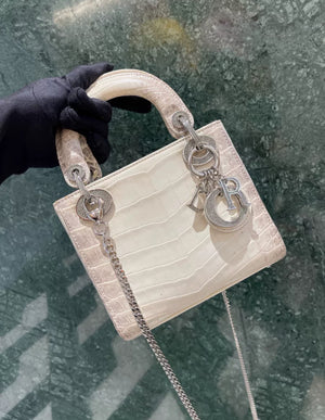 CHRISTIAN DIOR MINI LADY DIOR IN WHITE HIMALAYAN CROCODILE LEATHER & DIAMONDS