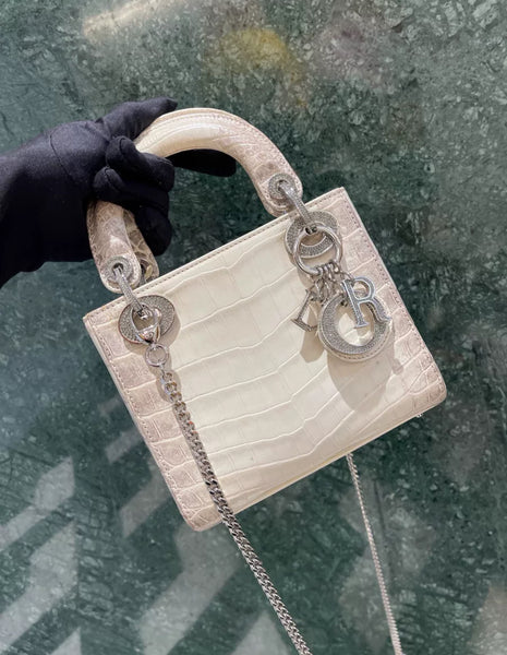 CHRISTIAN DIOR MINI LADY DIOR IN WHITE HIMALAYAN CROCODILE LEATHER