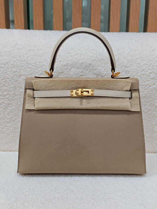 Hermes Kelly 25 HSS Trench / Craie Epsom Gold hardware