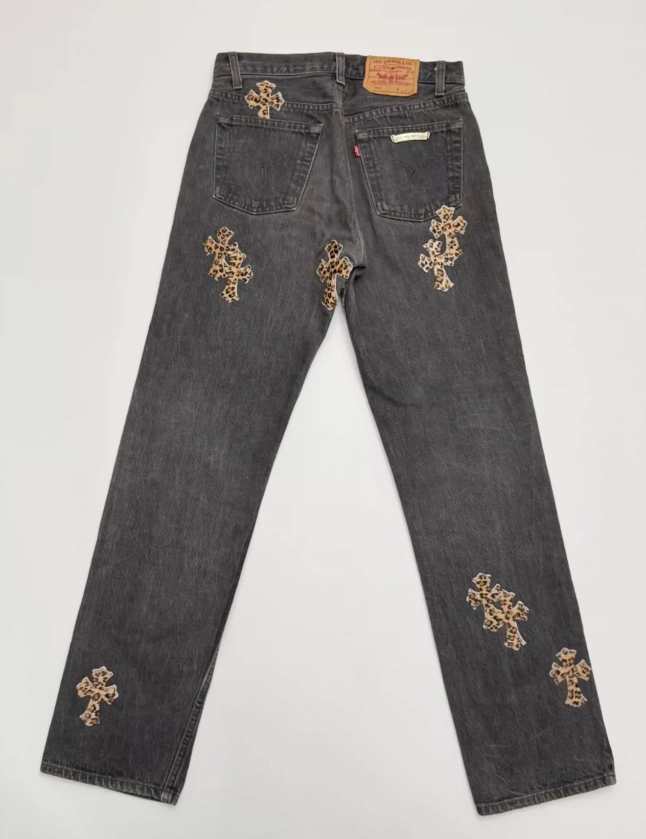 Chrome Hearts Black Jeans Leopard Crosses