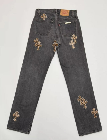 Chrome Hearts Black Jeans Leopard Crosses