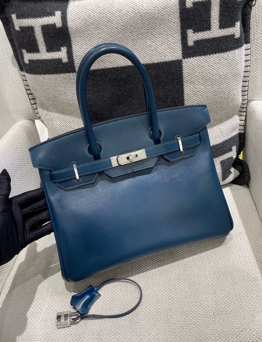 Hermès Birkin 30 blue box leather Palladium Hardware