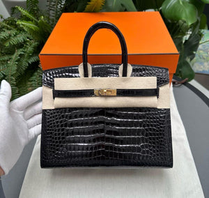 Hermès Birkin 25 Black Shiny Porosus Crocodile Gold Hardware