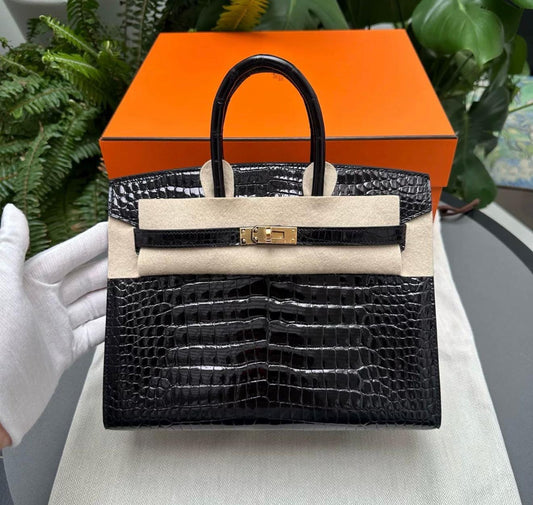 Hermès Birkin 25 Black Shiny Porosus Crocodile Gold Hardware