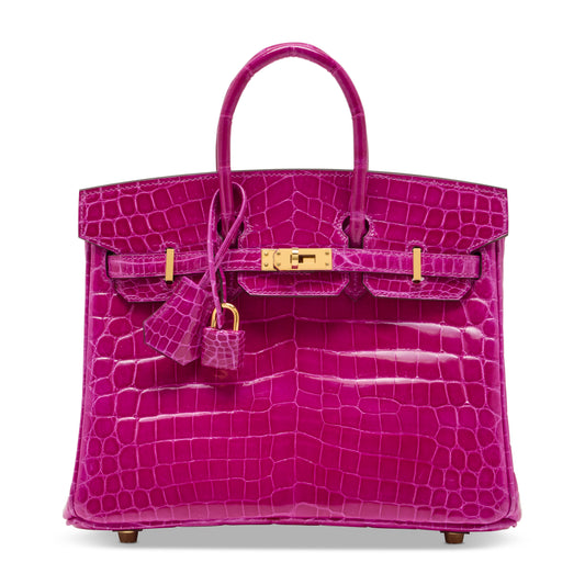Hermes Birkin 25 Rose Scheherazade Shiny Crocodile Leather with Gold Hardware