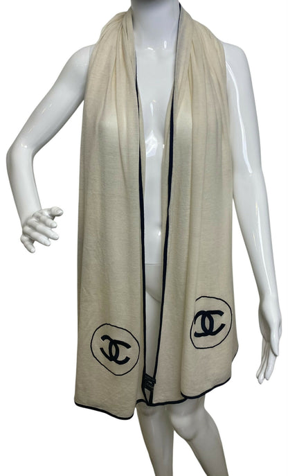Chanel XL Ivory Black Cashmere Double CC Stole Shawl Scarf