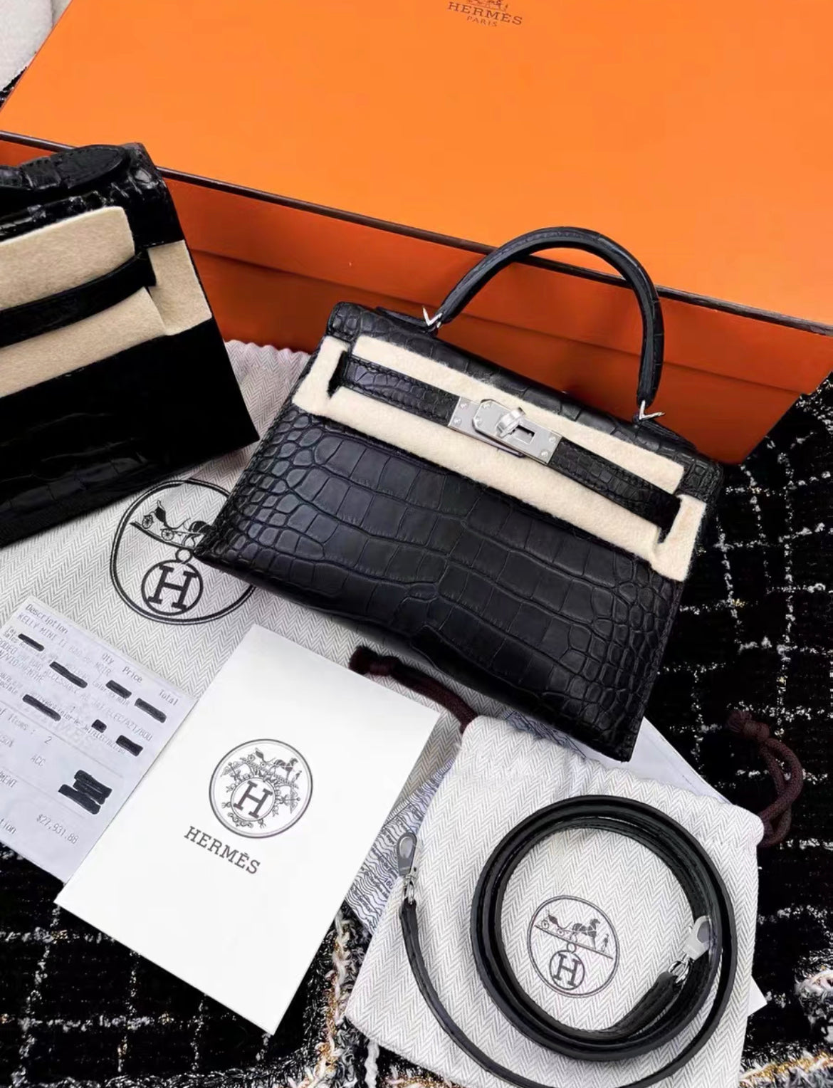 HERMES（希少）リザード　ダンクル Hermes Mini Kelly 20 Black Matte Alligator Palladium Hardware