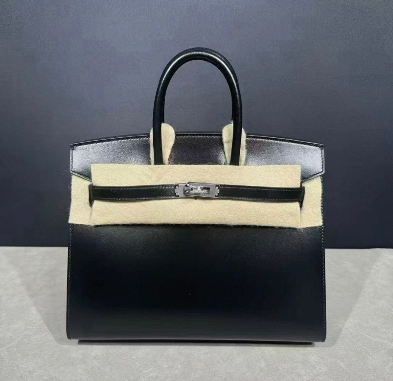 HERMÈS 25 BIRKIN SELLIER BLACK BOX CALF LEATHER PALLADIUM HARDWARE