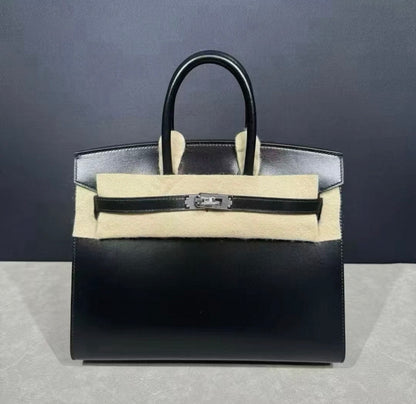 HERMÈS 25 BIRKIN SELLIER BLACK BOX CALF LEATHER PALLADIUM HARDWARE