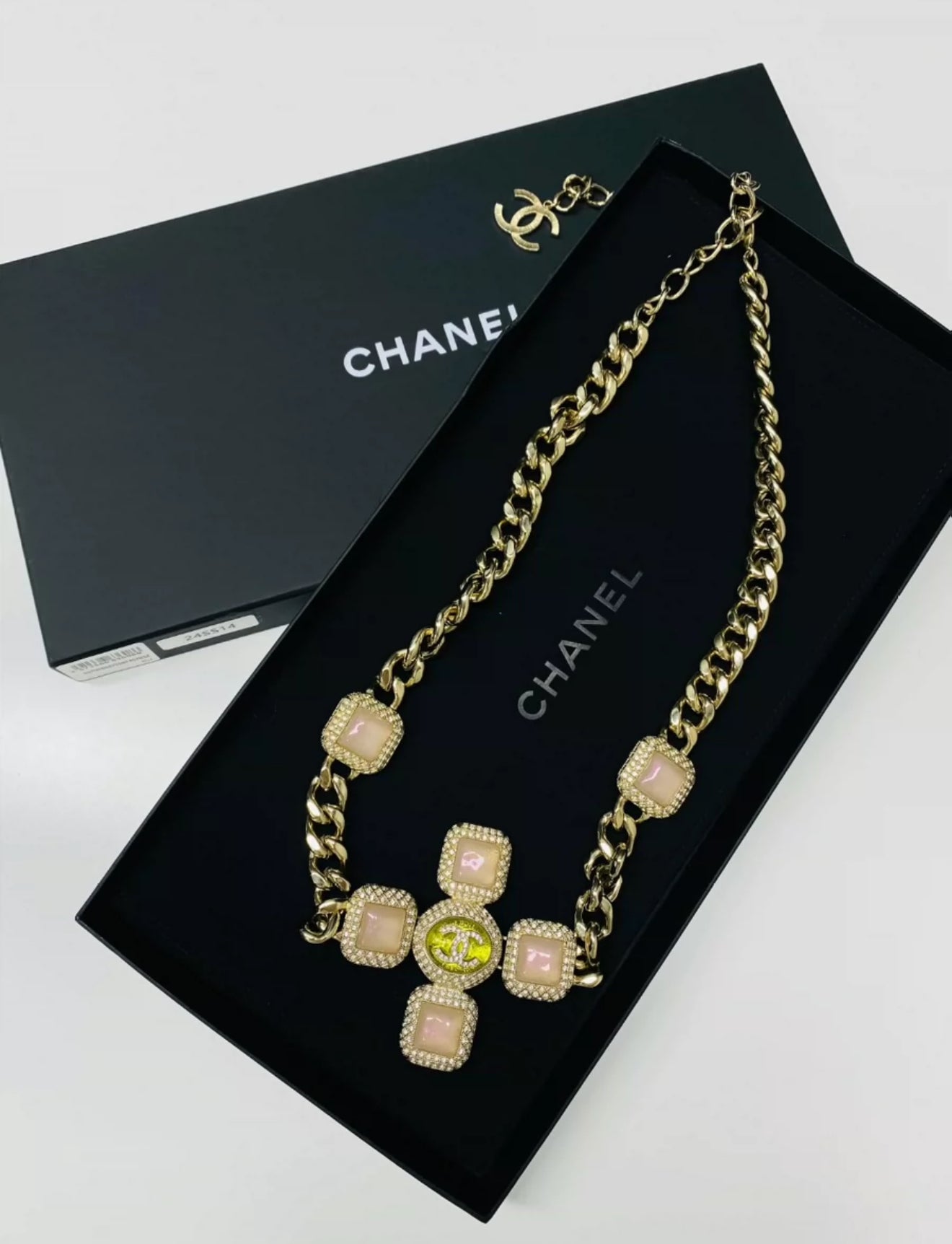 Chanel 20A pink glass cross full diamond waist chain