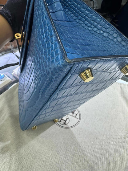 Hermes Kelly 25 Bleu Mykonos Matte Crocodile Leather Gold Hardware