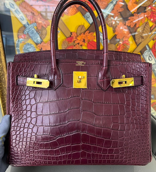 Hermes Birkin 30 Bordeaux matte alligator leather gold hardware