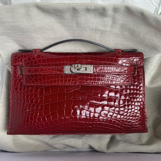 Hermes Kelly Pochette Bordeaux shiny alligator palladium hardware