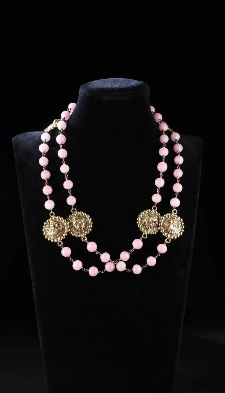 Chanel 1982 Pink Glass Gold Lion Head Long Necklace