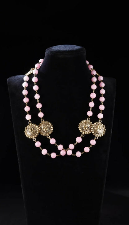 Chanel 1982 Pink Glass Gold Lion Head Long Necklace