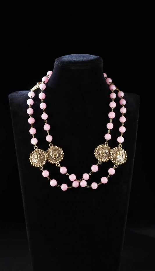Chanel 1982 Pink Glass Gold Lion Head Long Necklace