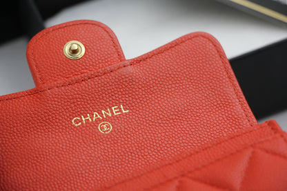 Chanel 2016 Authentic Caviar Quilted Orange Red Flap Card Holder Leather Wallet