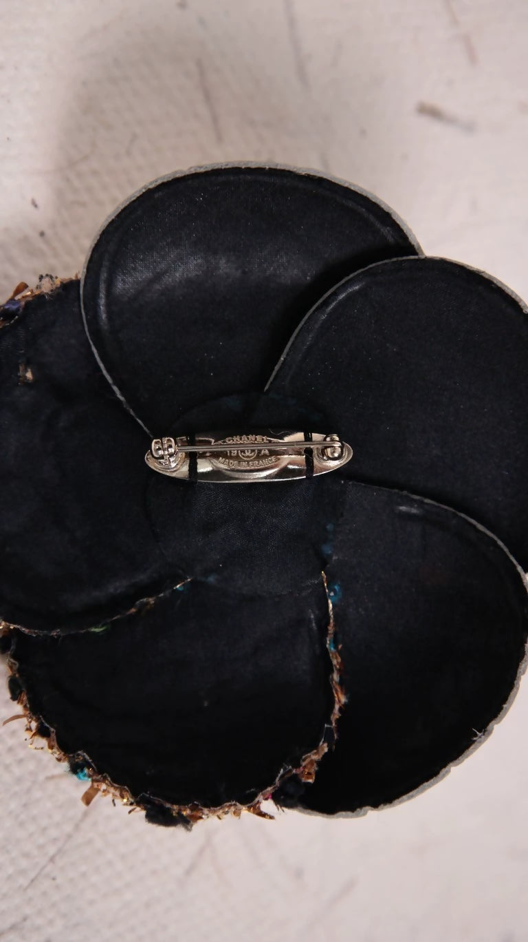 Chanel 2019 Gold Leather and Tweed Camellia Brooch