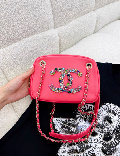 Chanel pink mini flap 21C crossbody bag Crystal rhinestone double C