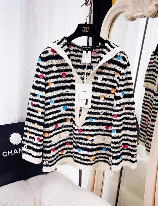 Chanel 24S black and white striped colorful polka dot navy collar knitted top size 36