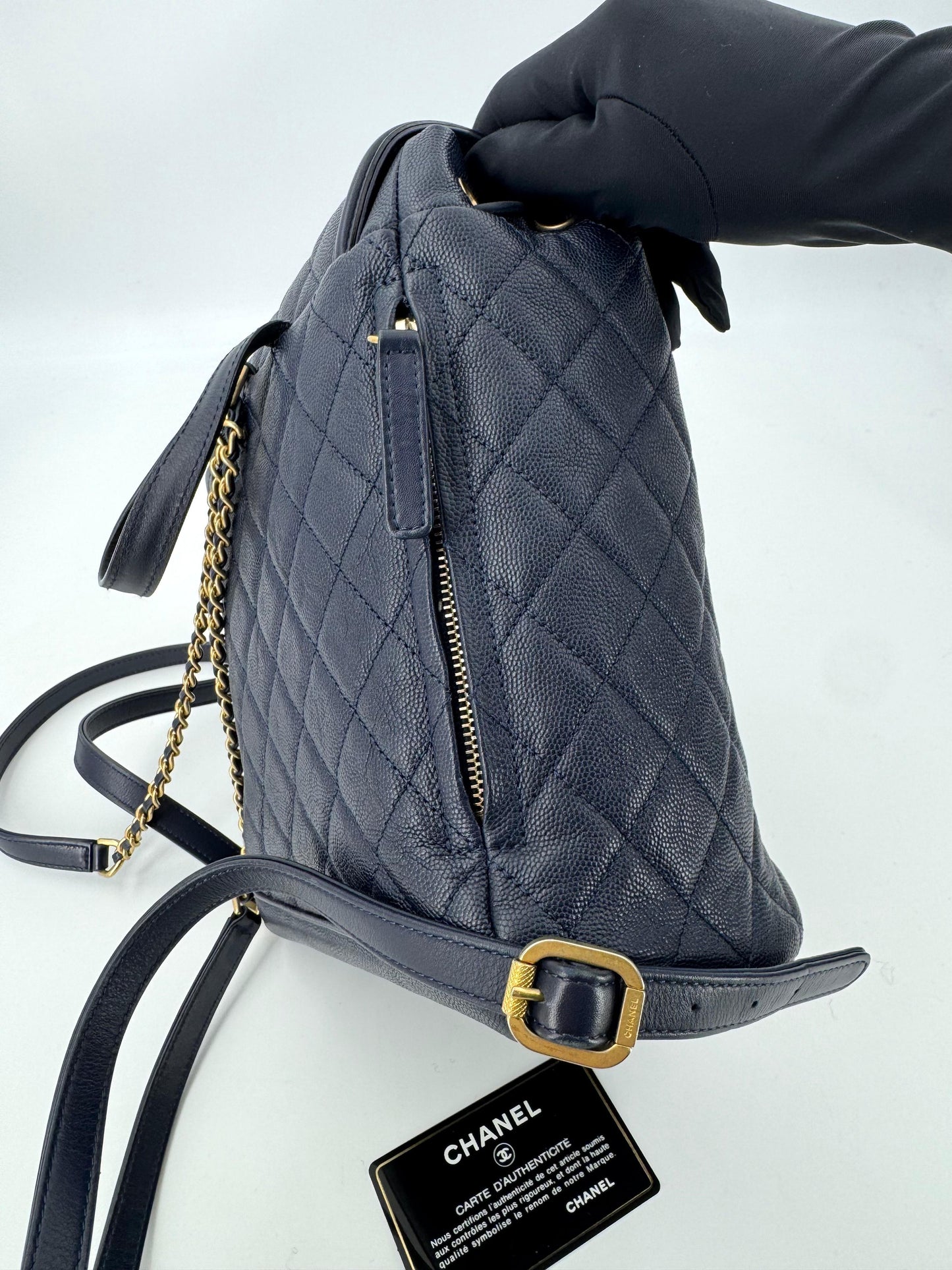 Chanel Dark Blue leather backpack with gold hardware