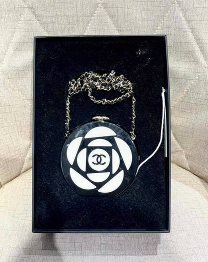 CHANEL 2023 Resin Plexi CC Camellia Minaudiere Clutch Black White