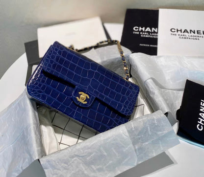 CHANEL SHINY BLUE ALLIGATOR CLASSIC FLAP BAG WITH GOLD HARDWARE