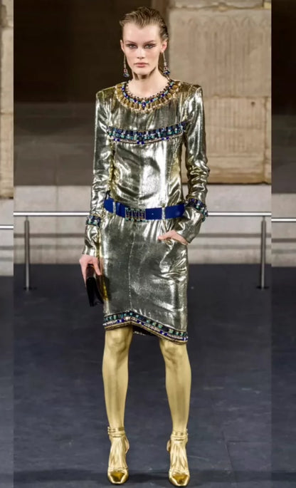 Chanel 19A Embroidered Velvet Light Gold Belt Dress