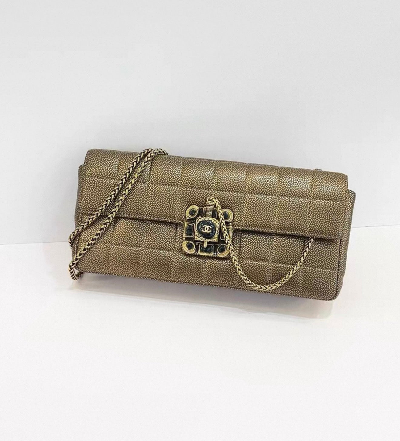 Chanel 2011 Gold Chocolate Bar Quilted Caviar Paris Byzance