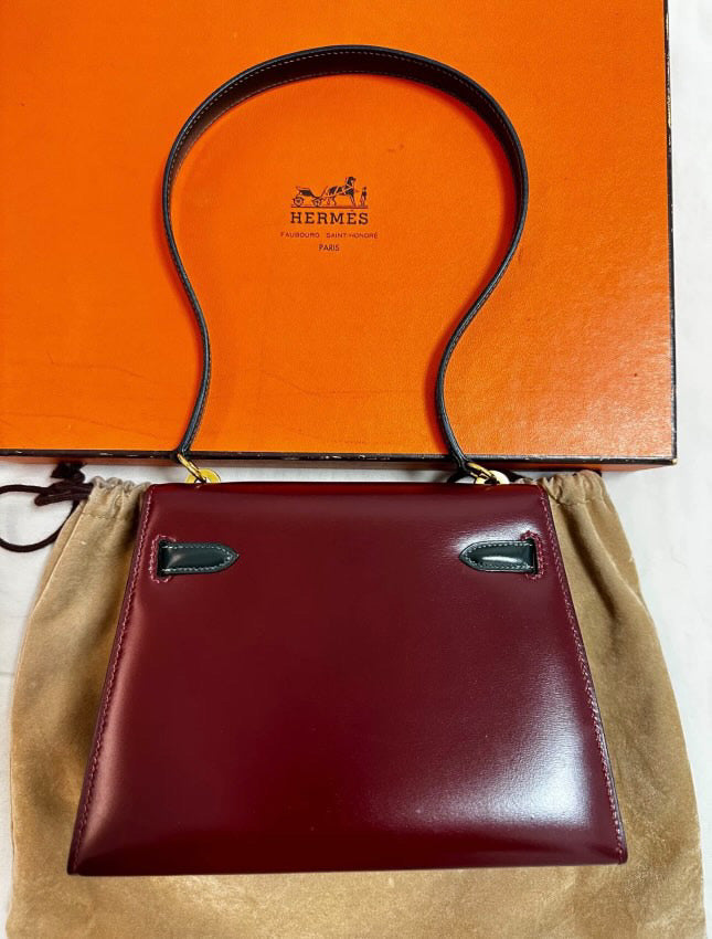 HERMES 80s KELLY 20 two Color’s Burgundy & Black Box Calf leather